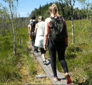 Retkeilijöitä pitkospuilla